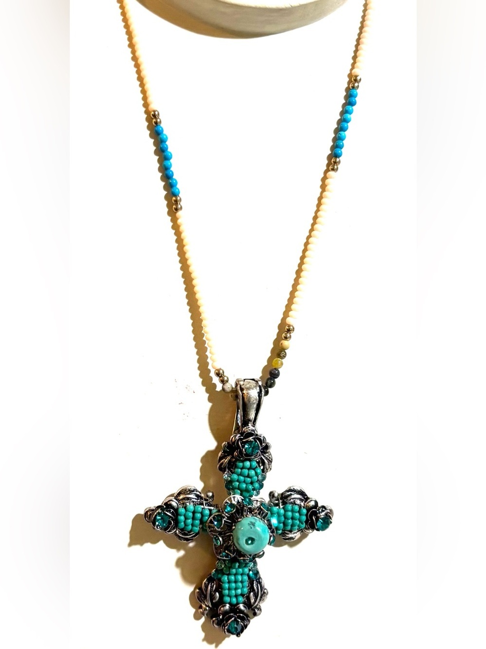 Turquoise and Cream Beaded Cross Necklace - Unbranded